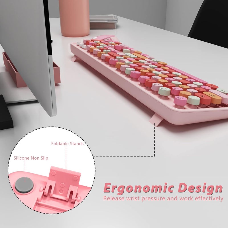 Kootop Cute Pink Wireless Keyboard and Mouse, 2.4G Retro Round Keycap for PC, Mac, Laptop, Tablet, Computer Windows - Image 4